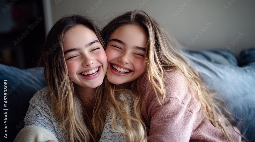 Happy and cheerful young girls embracing each other, sharing a moment of laughter.