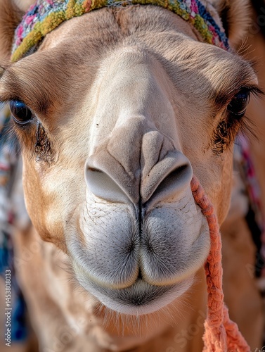 Camel with intricate bridle worn, suggesting cultural significance or ceremonial purpose. Eyes and nostrils clearly visible.