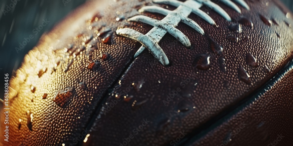 Football wet from rain, drops of water on the surface. Image conveys the concept of playing sports in less than ideal weather conditions.