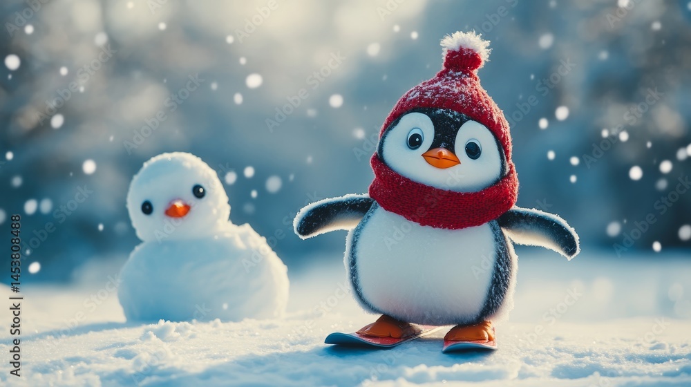 An adorable penguin wearing a Santa hat and stocking, looking at a snowman with an orange carrot nose. This image captures the festive spirit of winter holidays.