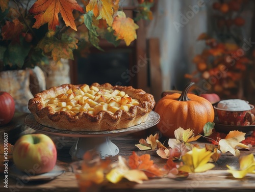 Festive autumn dessert with pumpkin pie and apple tart garnished with candy apple. Seasonal table setting with fall decorations.
