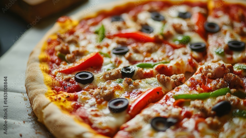 A pizza with a variety of toppings including olives, peppers, and sausage. The pizza is cut into slices and placed on a table