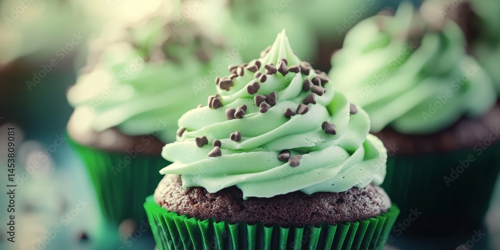 Three green cupcakes with chocolate frosting and chocolate sprinkles. The cupcakes are arranged in a row on a table