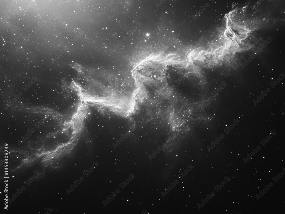 A black and white photo of a starry sky with a long, thin cloud of gas. Concept of vastness and mystery, as the stars twinkle and the cloud stretches across the sky