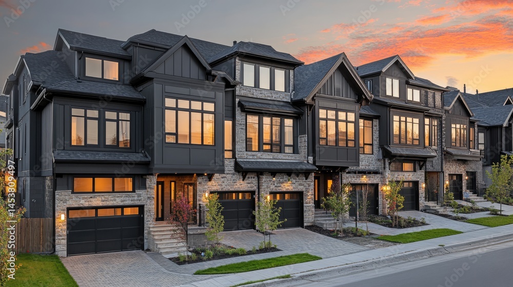 Obraz premium Exterior shot of newly built townhomes with driveways and landscaping