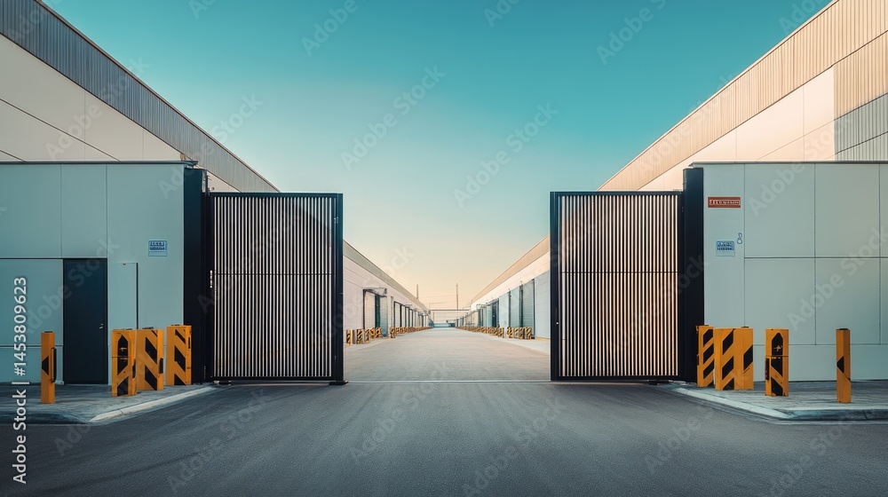 Obraz premium Industrial park gate with signage and roadways leading into warehouse area