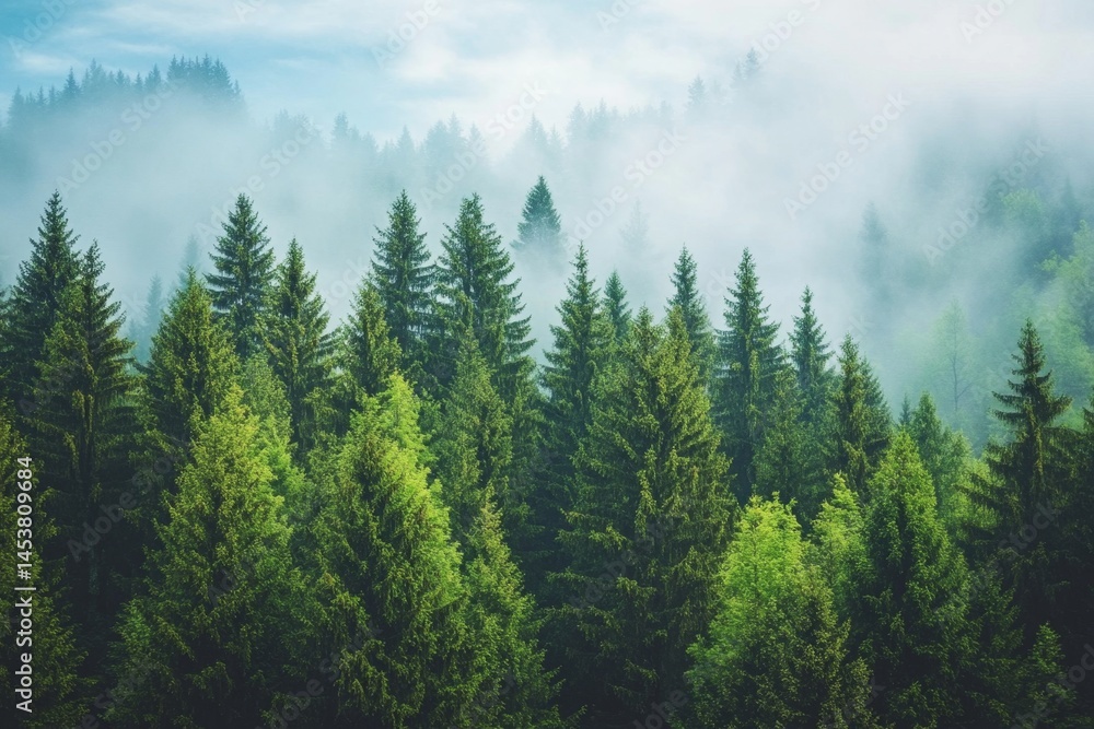 Fototapeta premium Misty forest scene, lush green trees