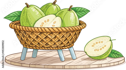 Guava in wicker basket with guava slice on table in white background vector design, Guava vector design