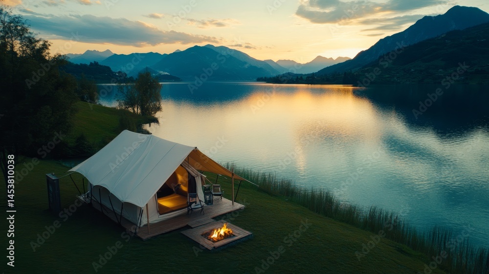 A cozy camping scene at dusk, with a tent overlooking a tranquil mountain lake.