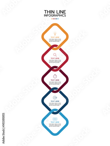 Infographic template featuring five vertical, connected rounded diamonds with a gradient from orange to light blue outlines. Each diamond contains an icon and text area. Vector illustration.