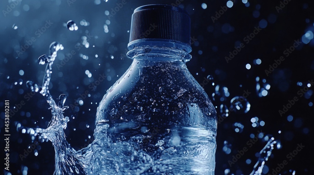 A bottle of water is shown in a splash of water. The bottle is half full and the water is clear