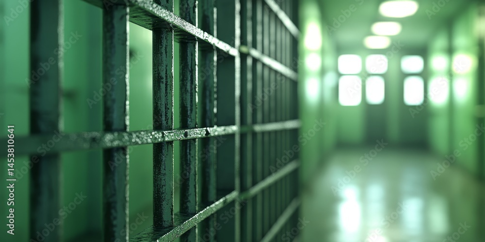 A jail cell with a metal bar on the door. The bars are green and the cell is empty