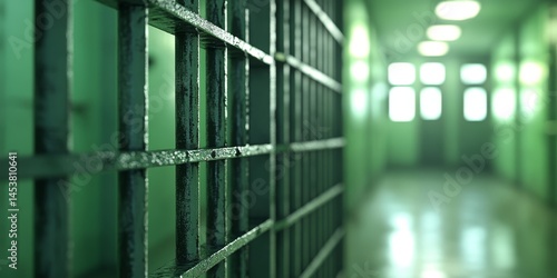 Obraz na płótnie A jail cell with a metal bar on the door. The bars are green and the cell is empty w salonie