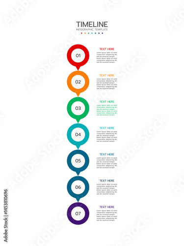 Timeline infographic template displaying seven vertical, numbered circles with a vibrant gradient from red to purple. Each circle has a connecting line to a text area. Vector illustration.