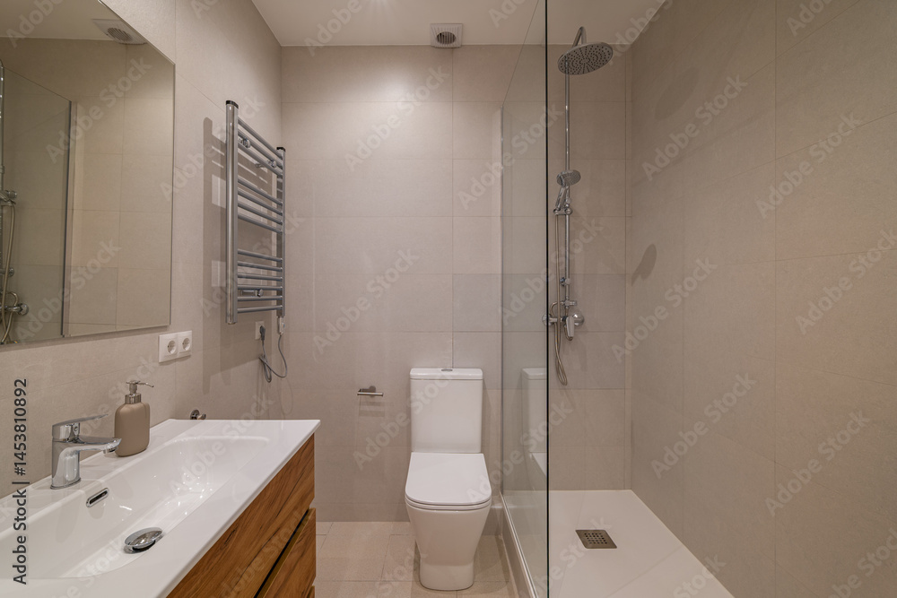 custom made wallpaper toronto digitalBathroom with wood vanity, wall-mounted mirror, chrome towel warmer and glass shower enclosure