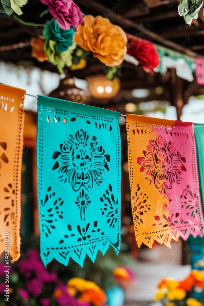 These brightly colored Mexican Day of the Dead decorations feature vivid floral patterns, skeletons in hats, and sugar skulls.