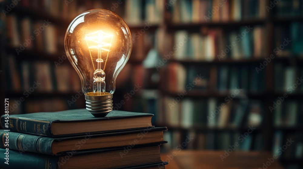 Light bulb on top of books, symbolizing ideas and inspiration from reading and knowledge.