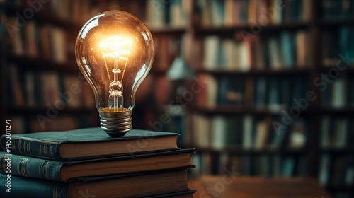 Obraz na płótnie Light bulb on top of books, symbolizing ideas and inspiration from reading and knowledge. w salonie