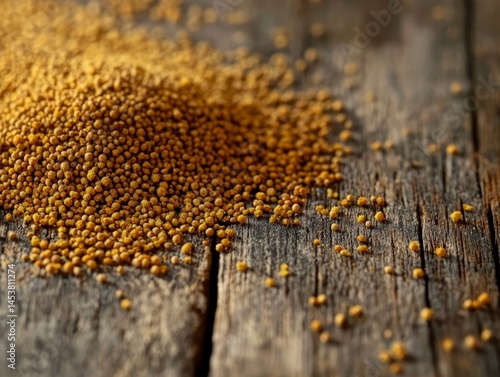Close-up of a small pile of yellow mustard or sesame seeds on a wooden surface, ready to be used for cooking.