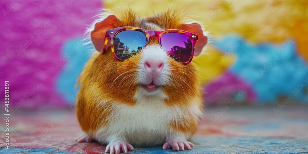 Fluffy red pink and white guinea pig with sunglasses.
