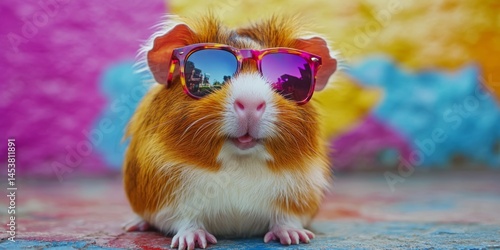 Fluffy red pink and white guinea pig with sunglasses.