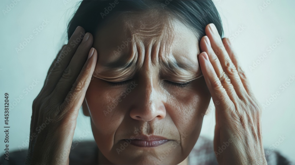 Sad looking elderly woman with hands on forehead, appearing to have a headache or migraine, suggesting stress or health concerns.