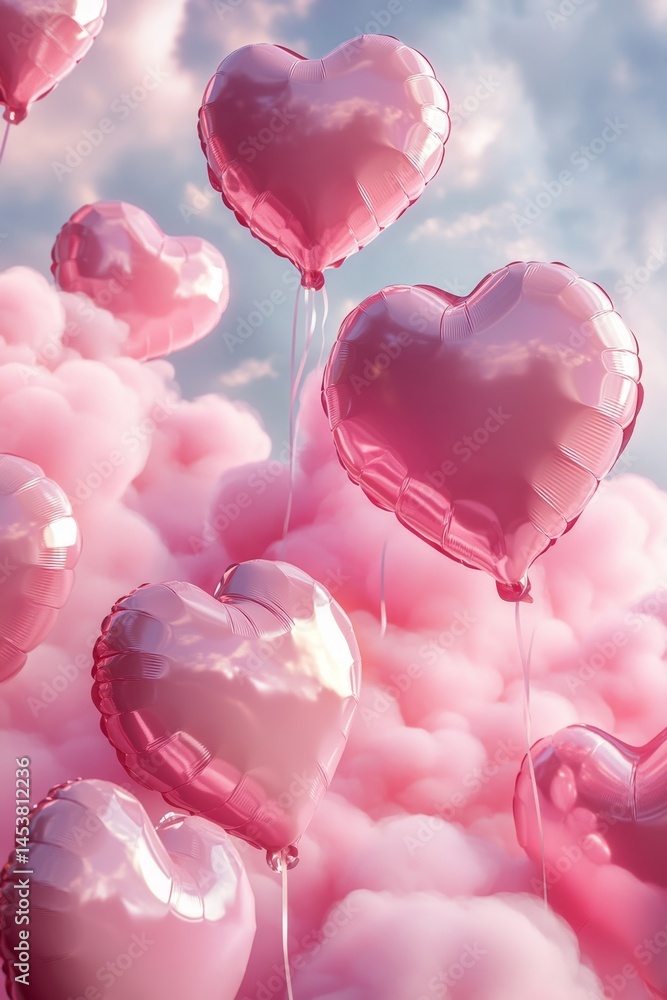 Flock of pink heart-shaped balloons floating in the sky with fluffy white clouds.