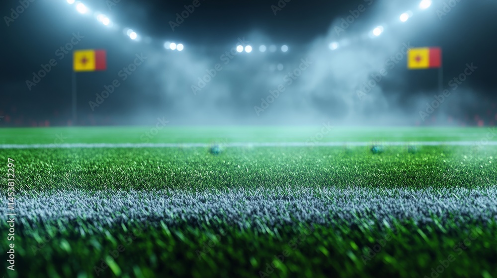 A soccer field with a yellow and red flag in the background. The field is empty and the grass is wet