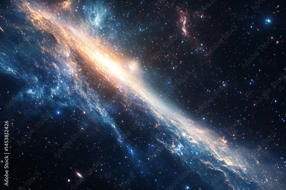 A vast, empty space with a bright blue line in the middle. The blue line is surrounded by a multitude of stars