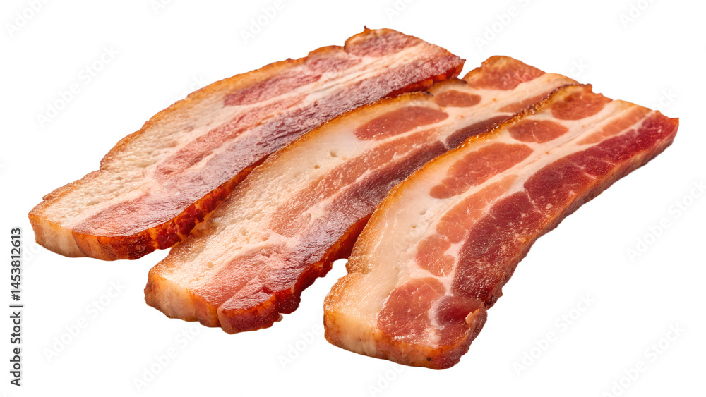Three strips of delicious cured bacon isolated on black background Three strips of delicious cured bacon isolated on black background