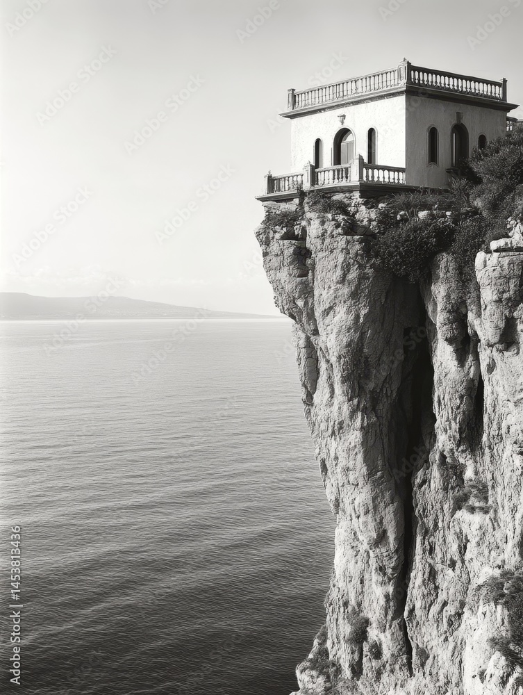 A picturesque cliff overlooking a vast ocean, featuring an old European building perched on the edge of the rock formation.