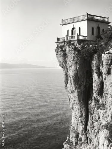 Obraz na płótnie A picturesque cliff overlooking a vast ocean, featuring an old European building perched on the edge of the rock formation. w salonie