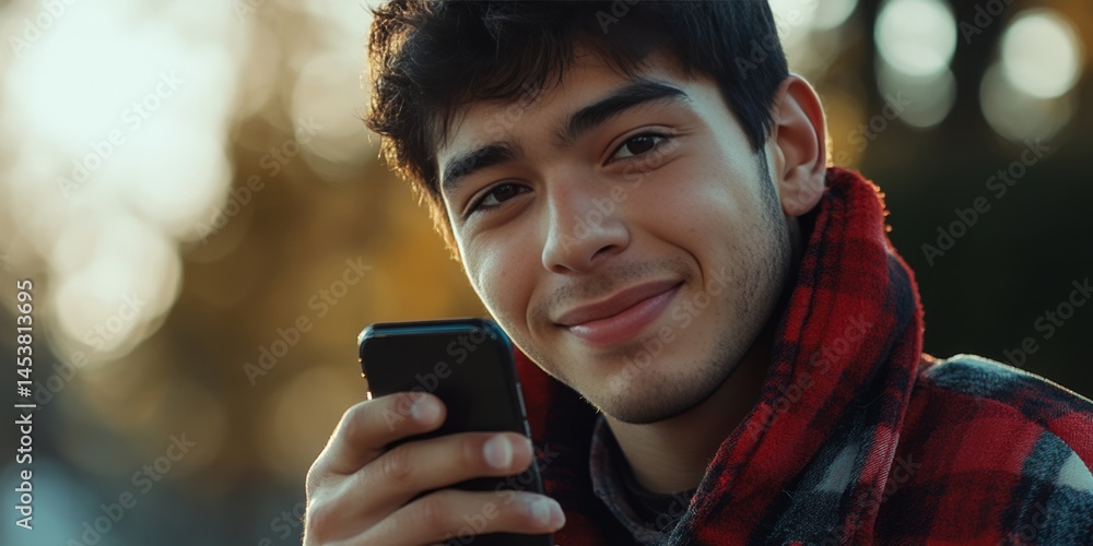 Young male smiling at the camera while texting on cell phone outdoors.