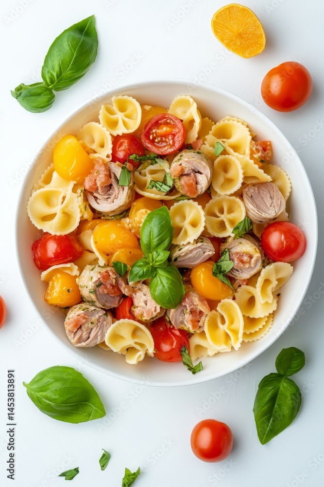 Fresh penne pasta salad with tomatoes, meatballs, and basil garnish. Quick and easy dinner for gatherings or a healthy meal on the go.