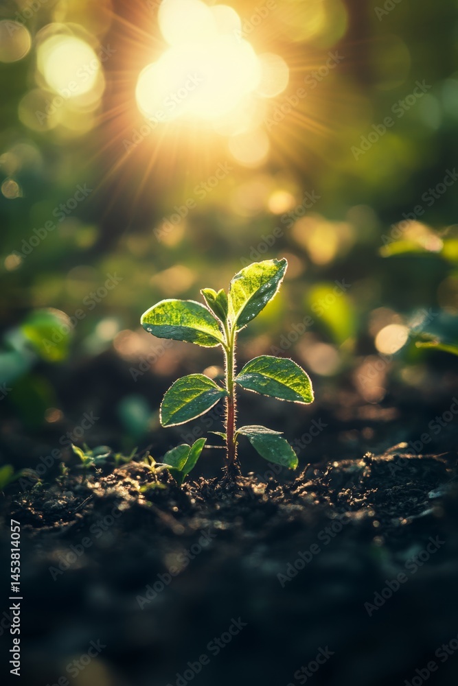 Seed sprouting in soil with light source, early morning sunlight effect.