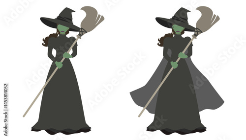 Vector art of The “Wicked Witch of the west” with her tricorn hat and magic broom.Reminiscent of the Wizard of Oz and other fairy tales.