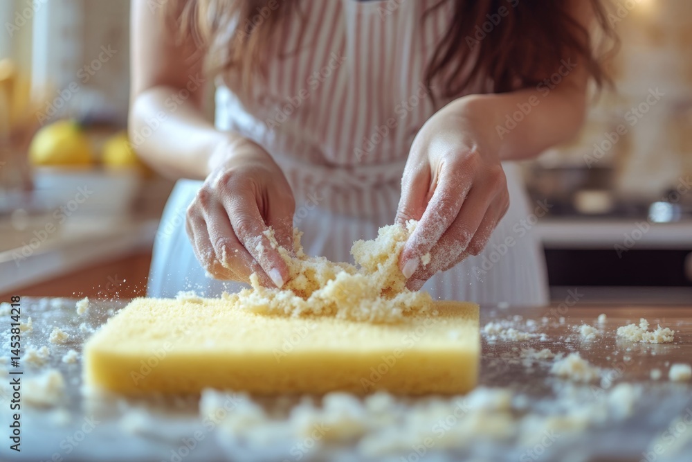 Woman wearing an apron working with dough on a wooden board, with flour flying, set against the backdrop of kitchen appliances.