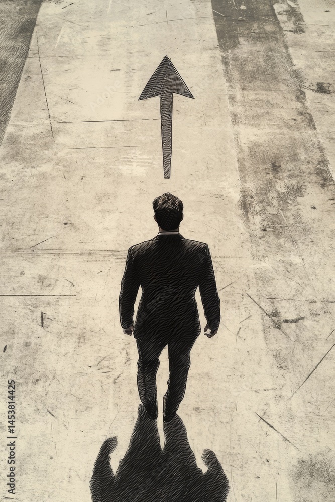 Silhouette of a man walking, representing progress or movement. Artwork features an arrow indicating direction and possibly a one-way street sign.