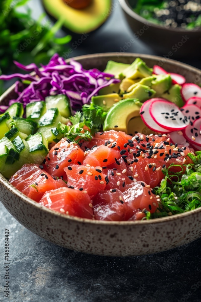 Delicious, healthy sushi bowl with fresh ingredients including avocado and cucumber.