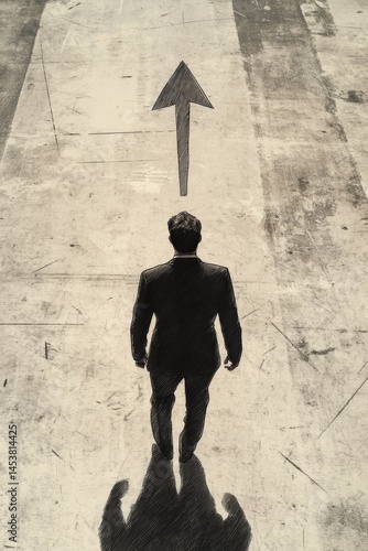 Obraz na płótnie Silhouette of a man walking, representing progress or movement. Artwork features an arrow indicating direction and possibly a one-way street sign. w salonie
