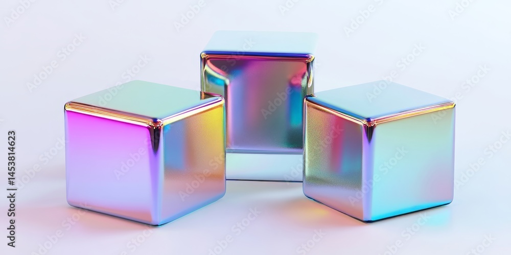 Three holographic cubes reflecting a spectrum of colors.
