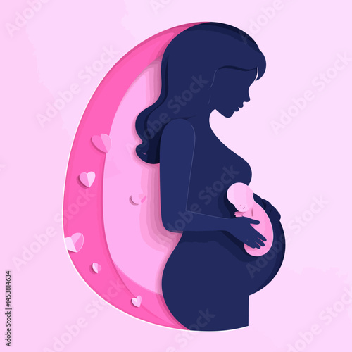 Beautiful pregnant woman silhouette cradling her baby in a heartwarming paper cut illustration perfect for motherhood and family themes