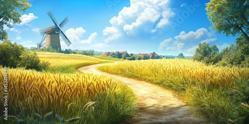 A windmill is in the foreground of a field of tall grass. The sky is blue and the sun is shining