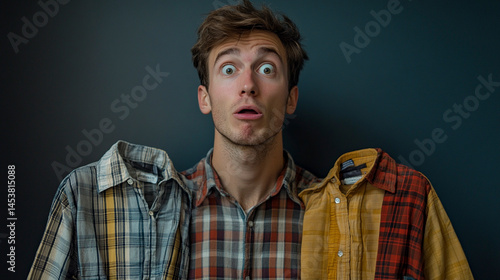 A young white man deciding between two shirts, playful confusion on face