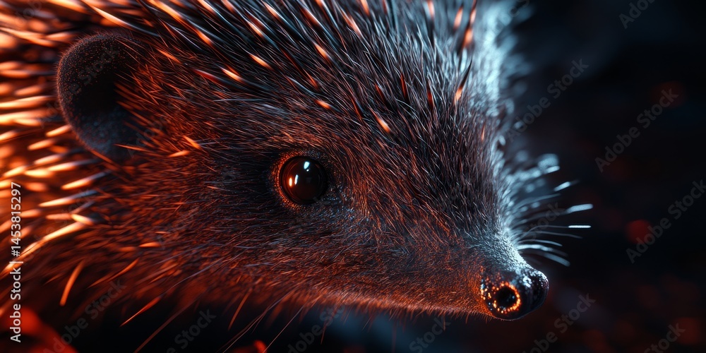 A close up of a hedgehog's face with a black background. The hedgehog's eyes are open and it is looking at the camera