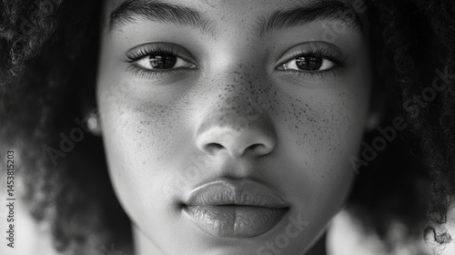 Obraz na płótnie A woman with freckles gazes at the camera, showing her profile. She has a confident expression and is set against a modern backdrop. w salonie