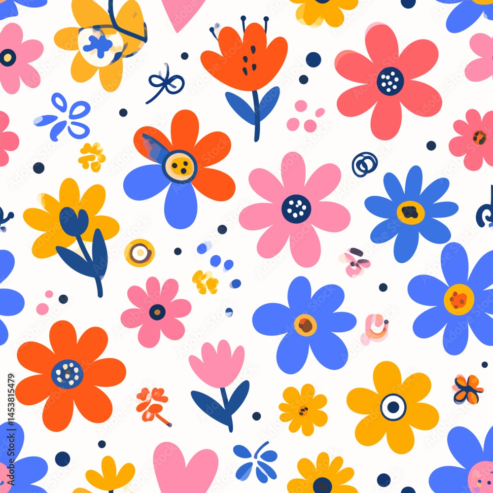 Obraz premium Cheerful floral pattern with colorful flowers and hearts for spring design projects and backgrounds