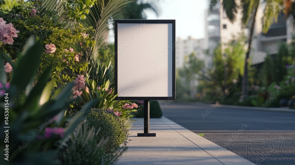 Advertising sign on sidewalk near road. Real estate listing promotional display.