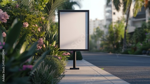 Advertising sign on sidewalk near road. Real estate listing promotional display.
