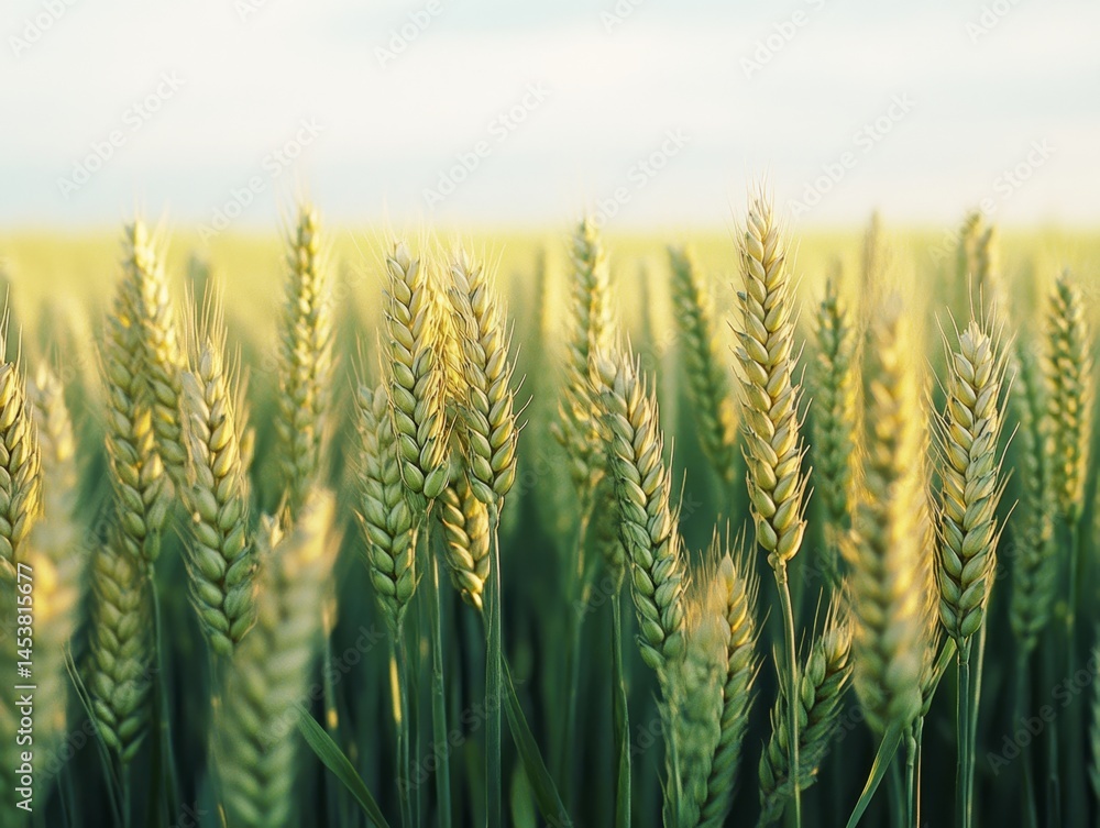 A field of golden wheat with a clear sky in the background. The image depicts an active farmland during the harvest season.